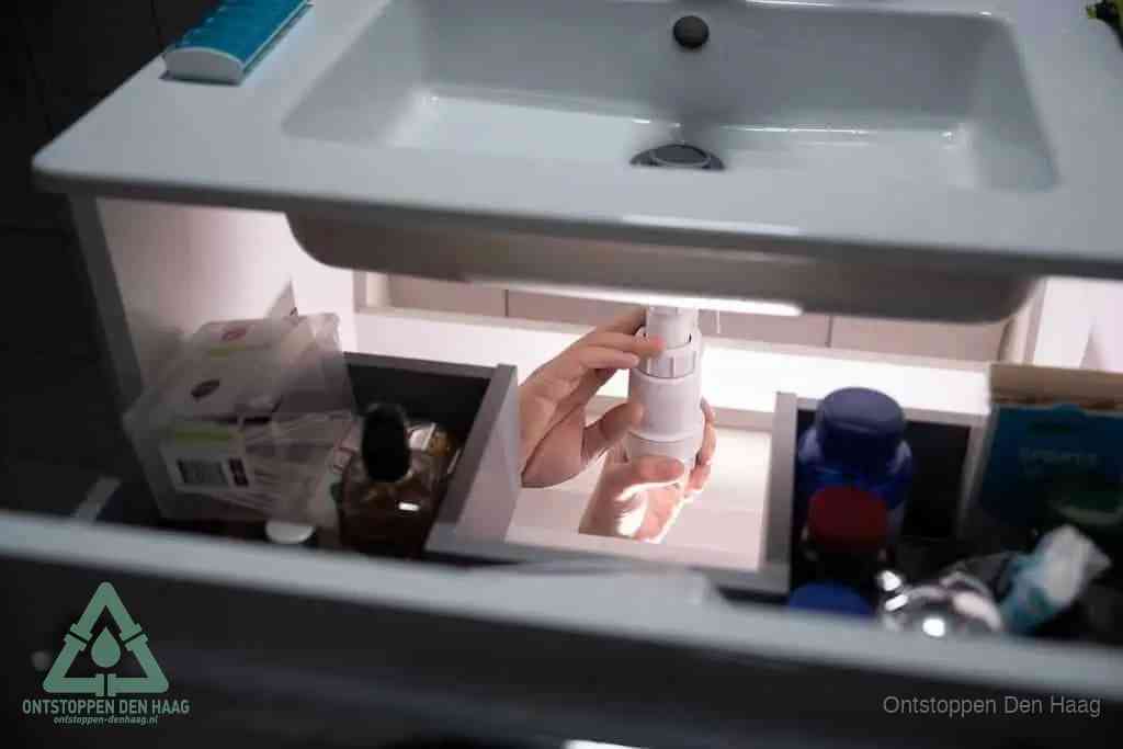 Een pompfles met zeep boven een wastafel, de heet water en afwasmiddel-methode om een vetprop in de afvoer los te maken in Den Haag