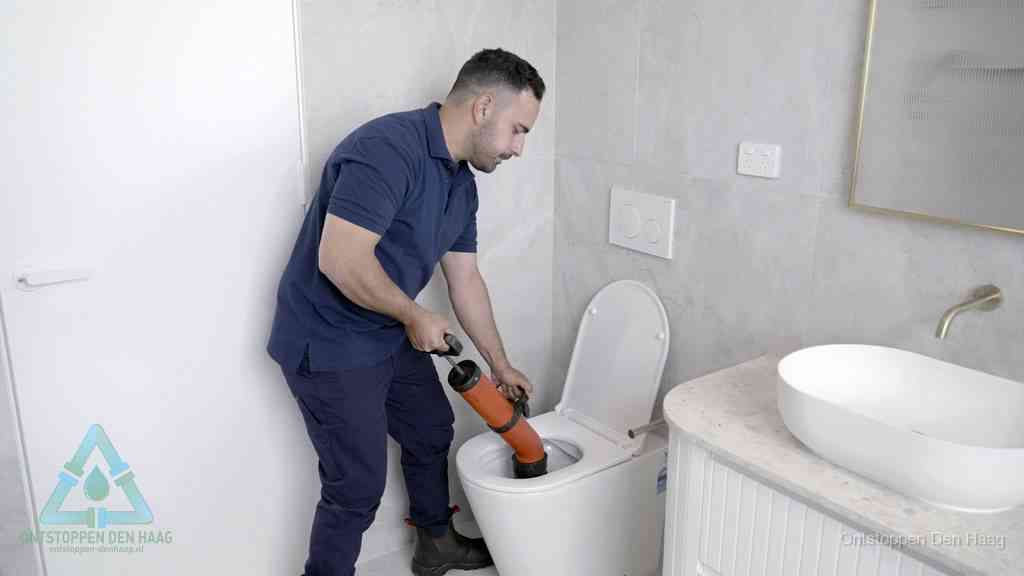 Een monteur gebruikt een handmatige perspomp (toiletontstopper) op een wandcloset tijdens het professioneel wc ontstoppen in Den Haag