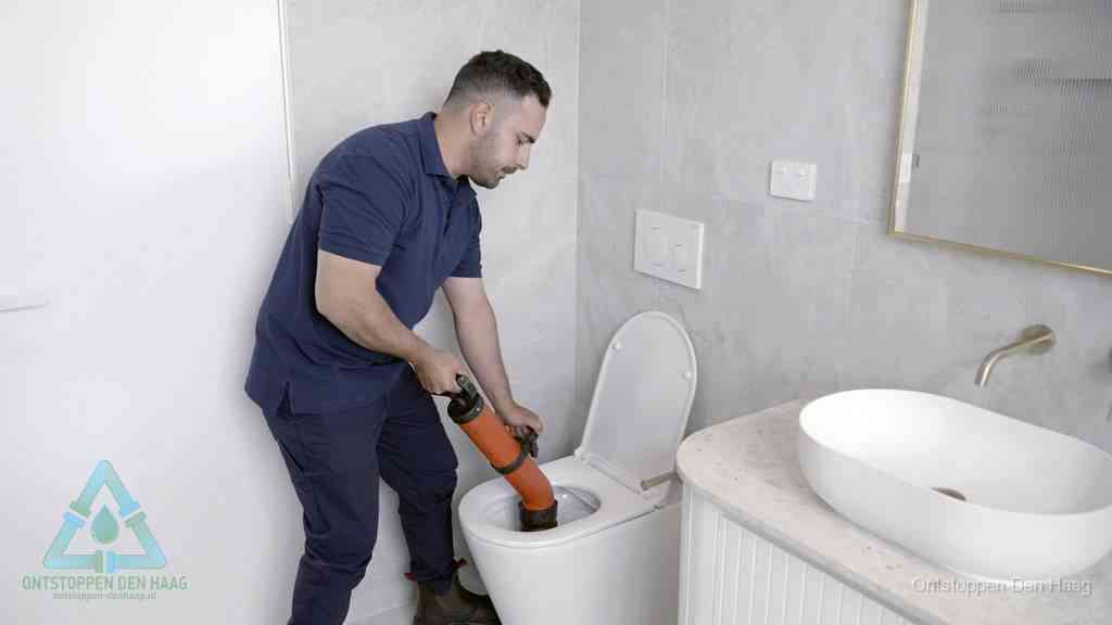 Een man gebruikt een handmatige luchtdruk-ontstopper in een modern betegeld toilet om zelf de wc te ontstoppen in Den Haag